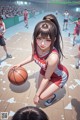 A girl in a red and white uniform holding a basketball.