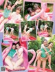 A group of young women in bikinis playing in an inflatable pool.