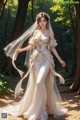 A woman in a wedding dress is walking in the woods.